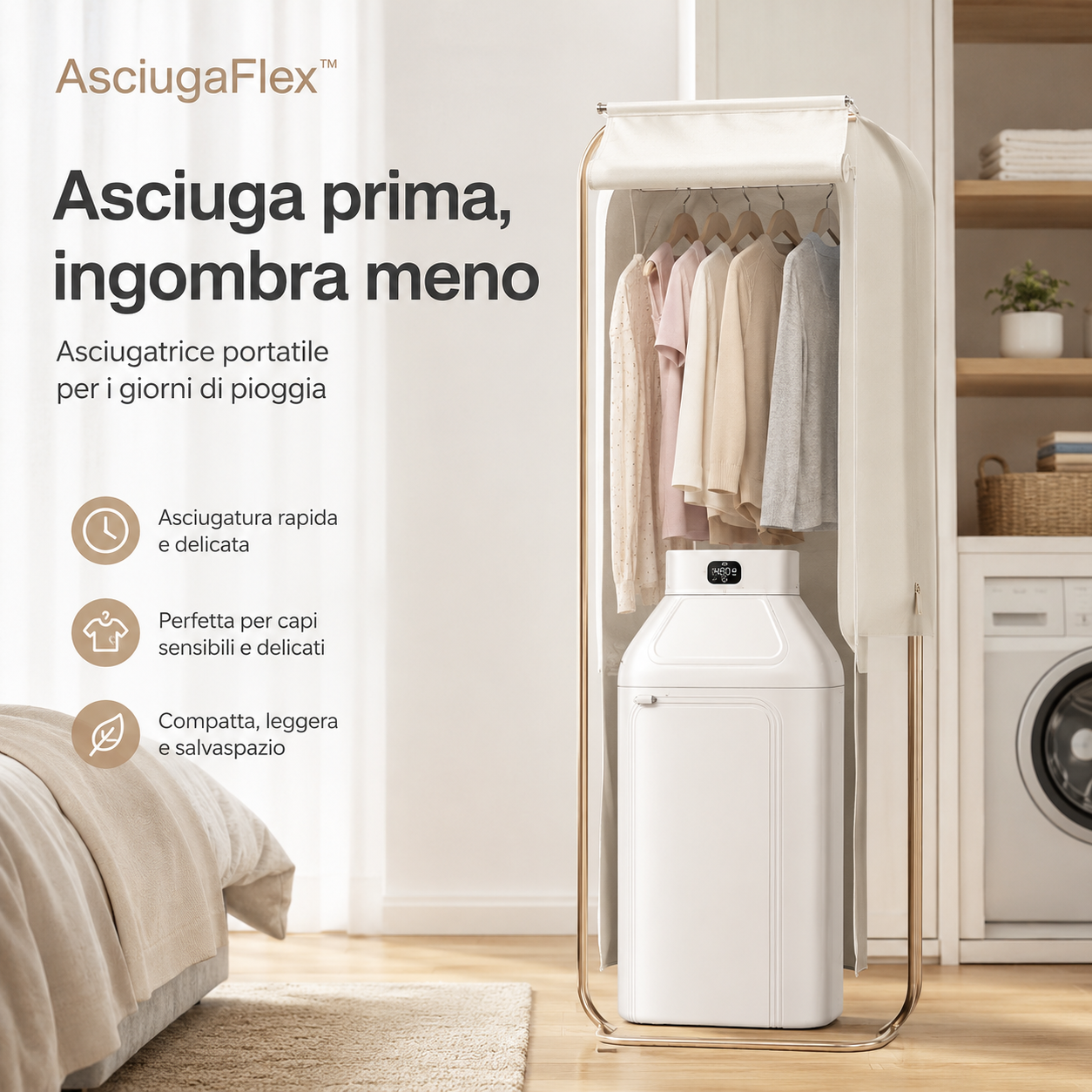 AsciugaFlex™ – Asciugatrice Elettrica Portatile Salvaspazio